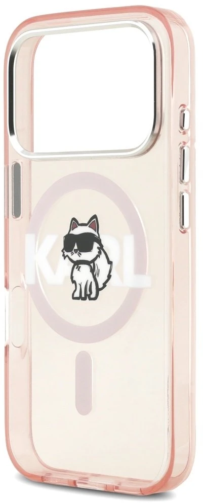 Karl Lagerfeld dėklas, skirtas IPHONE 17 Pro, suderinamas su „MagSafe KLHMP17LHGCHGKBP“ (IML Choupette eskizo logotipas), rožinis