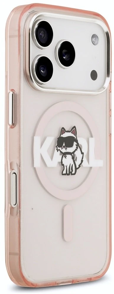 Karl Lagerfeld dėklas, skirtas IPHONE 17 Pro, suderinamas su „MagSafe KLHMP17LHGCHGKBP“ (IML Choupette eskizo logotipas), rožinis