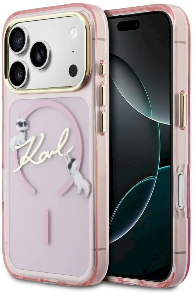 Dėklas Karl Lagerfeld IML Choupettes Karl Script Logo MagSafe Case for iPhone 17 Pro Max - Rožinė