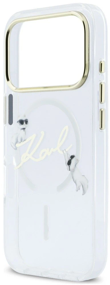 „Karl Lagerfeld IML Choupettes“ „Karl Script Logo MagSafe“ dėklas, skirtas „iPhone 17 Pro Max“ – skaidrus