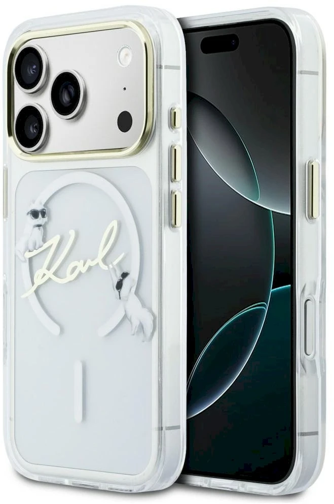 „Karl Lagerfeld IML Choupettes“ „Karl Script Logo MagSafe“ dėklas, skirtas „iPhone 17 Pro Max“ – skaidrus