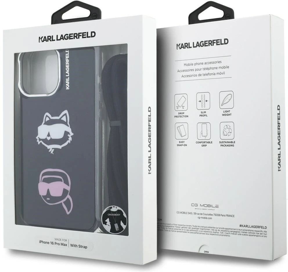 Karl Lagerfeld IML per petį nešiojamas Karl&Choupette dėklas iPhone 16 Pro Max telefonui - Juodas