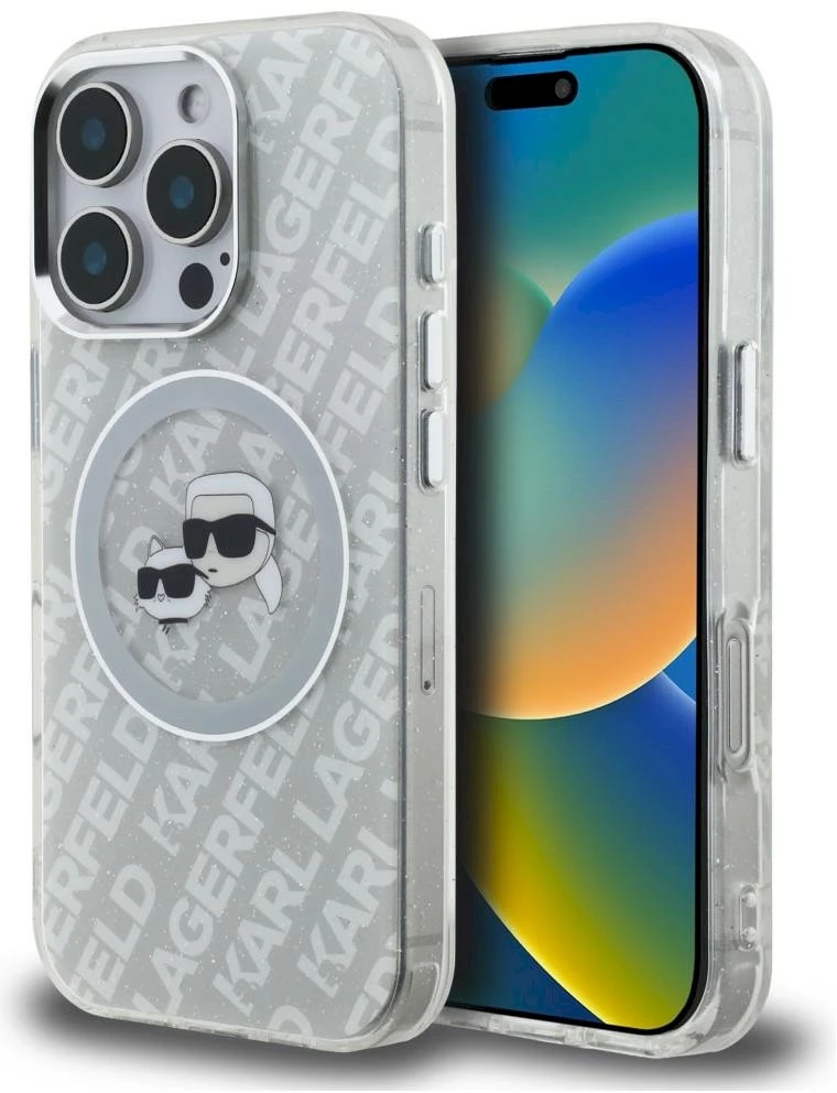„Karl Lagerfeld IML“ blizgučiais ir „Karl & Choupette Heads“ logotipu aprūpintas „MagSafe“ dėklas, skirtas „iPhone 16 Pro“ – pilkas
