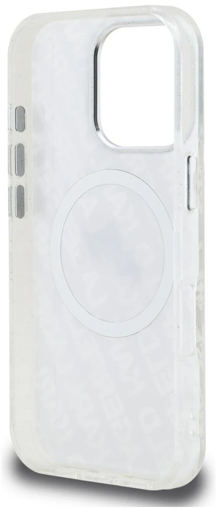 „Karl Lagerfeld IML“ blizgučiais ir „Karl & Choupette Heads“ logotipu aprūpintas „MagSafe“ dėklas, skirtas „iPhone 16 Pro“ – pilkas