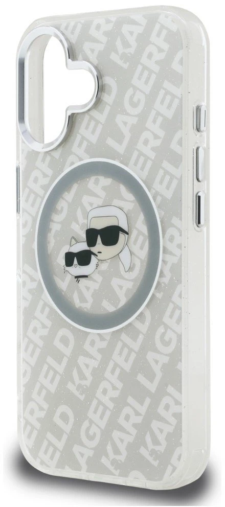 Karl Lagerfeld IML blizgučiais puoštas „Karl & Choupette Heads“ logotipo „MagSafe iPhone 16“ dėklas – pilkas