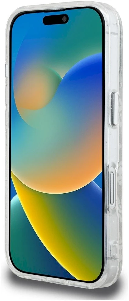 Karl Lagerfeld IML blizgučiais puoštas „Karl & Choupette Heads“ logotipo „MagSafe iPhone 16“ dėklas – pilkas