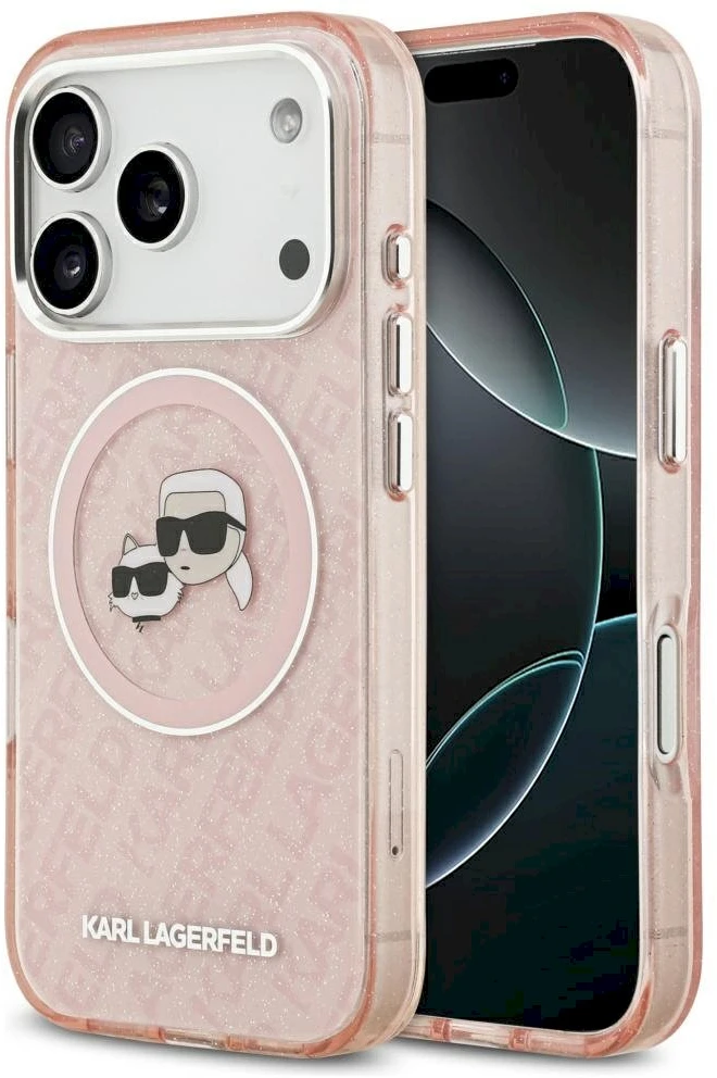 Karl Lagerfeld IML Glitter Karl & Choupette Heads Logo MagSafe dėklas iPhone 17 Pro rožinės spalvos