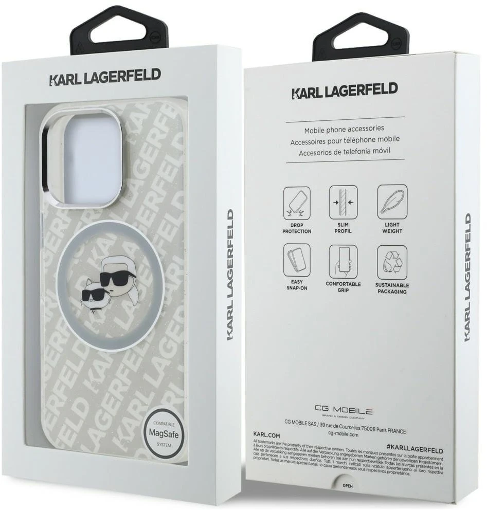 „Karl Lagerfeld IML“ blizgučiais ir „Karl & Choupette Heads“ logotipu aprūpintas „MagSafe“ dėklas, skirtas „iPhone 16 Pro“ – pilkas