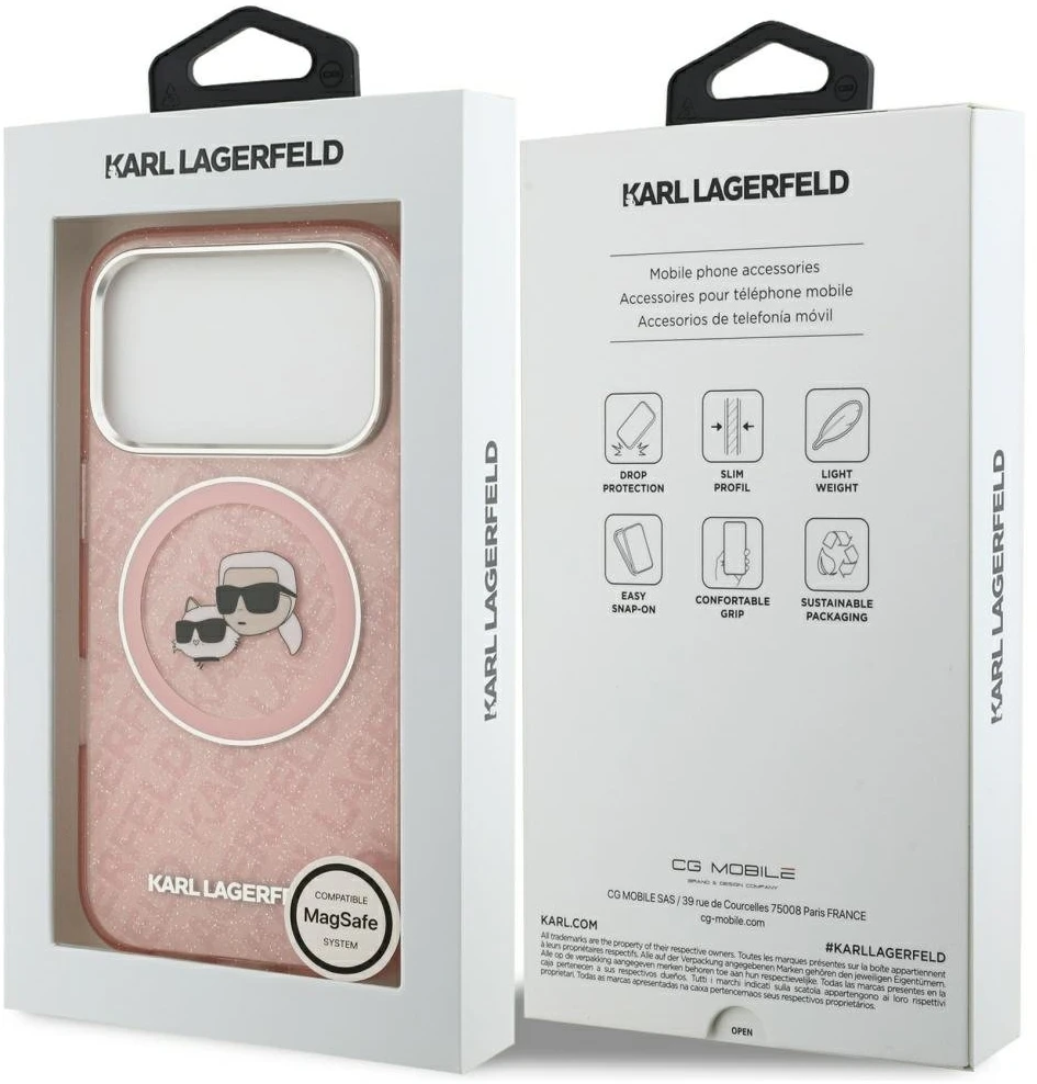 Karl Lagerfeld IML Glitter Karl & Choupette Heads Logo MagSafe dėklas iPhone 17 Pro rožinės spalvos