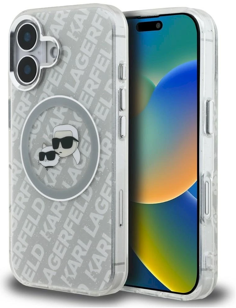 Karl Lagerfeld IML blizgučiais puoštas „Karl & Choupette Heads“ logotipo „MagSafe iPhone 16“ dėklas – pilkas