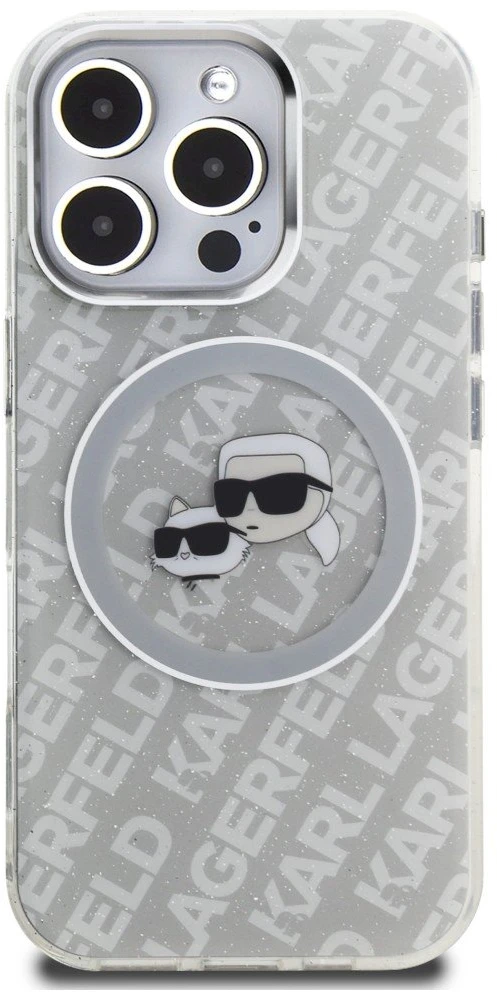 „Karl Lagerfeld IML“ blizgučiais ir „Karl & Choupette Heads“ logotipu aprūpintas „MagSafe“ dėklas, skirtas „iPhone 16 Pro“ – pilkas