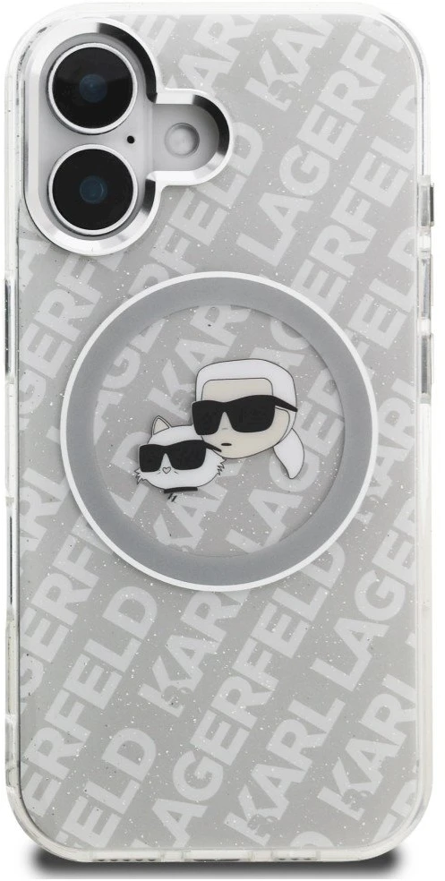 Karl Lagerfeld IML blizgučiais puoštas „Karl & Choupette Heads“ logotipo „MagSafe iPhone 16“ dėklas – pilkas