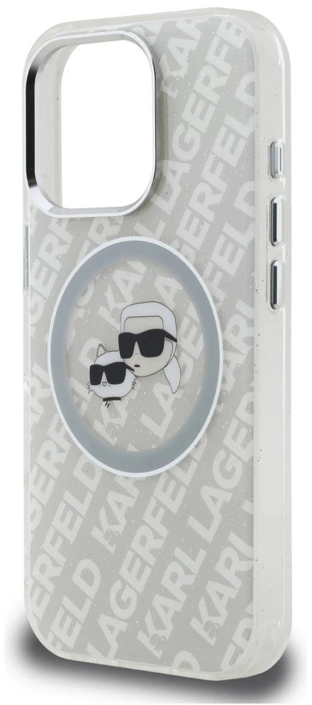 „Karl Lagerfeld IML“ blizgučiais ir „Karl & Choupette Heads“ logotipu aprūpintas „MagSafe“ dėklas, skirtas „iPhone 16 Pro“ – pilkas