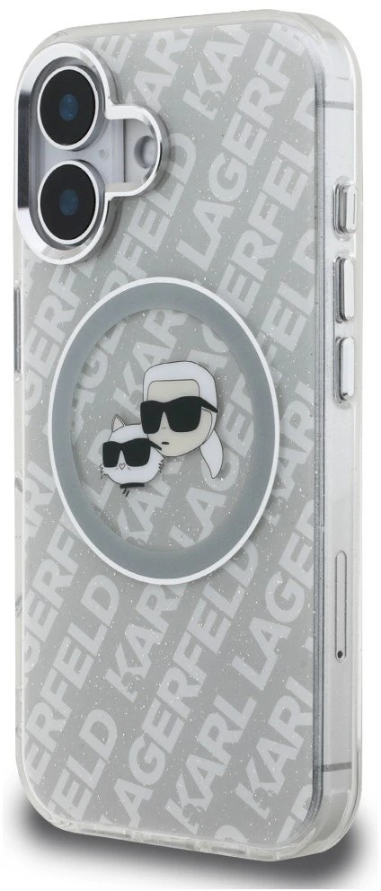Karl Lagerfeld IML blizgučiais puoštas „Karl & Choupette Heads“ logotipo „MagSafe iPhone 16“ dėklas – pilkas