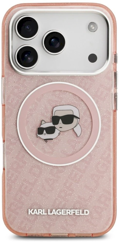 Karl Lagerfeld IML Glitter Karl & Choupette Heads Logo MagSafe dėklas iPhone 17 Pro rožinės spalvos