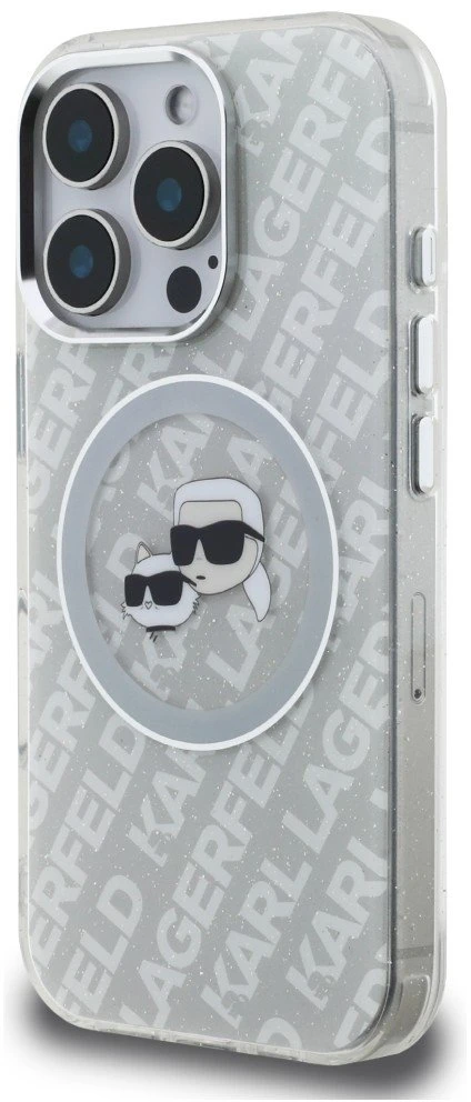 „Karl Lagerfeld IML“ blizgučiais ir „Karl & Choupette Heads“ logotipu aprūpintas „MagSafe“ dėklas, skirtas „iPhone 16 Pro“ – pilkas
