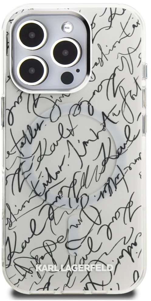 Dėklas Karl Lagerfeld IML Karl Script Pattern MagSafe, skirtas iPhone 16 Pro, baltos spalvos