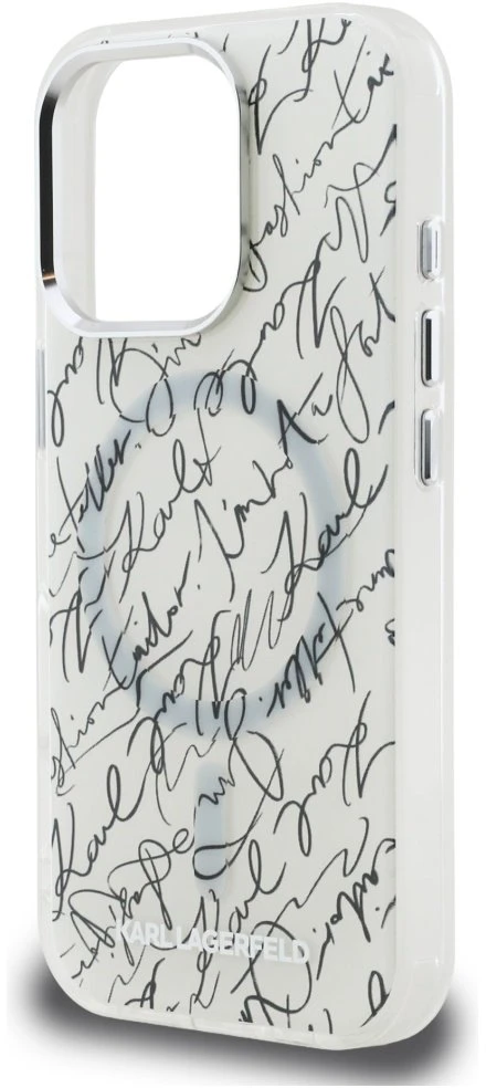 Dėklas Karl Lagerfeld IML Karl Script Pattern MagSafe, skirtas iPhone 16 Pro, baltos spalvos
