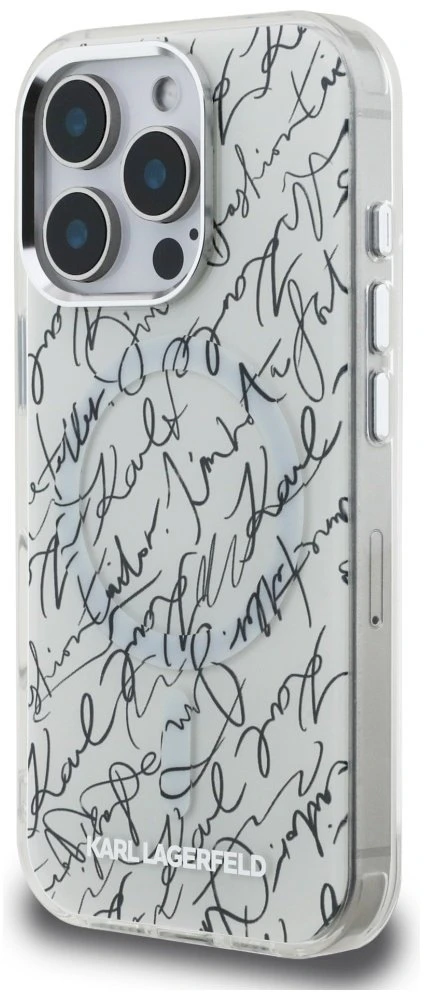 Dėklas Karl Lagerfeld IML Karl Script Pattern MagSafe, skirtas iPhone 16 Pro, baltos spalvos