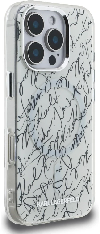 Dėklas Karl Lagerfeld IML Karl Script Pattern MagSafe, skirtas iPhone 16 Pro, baltos spalvos