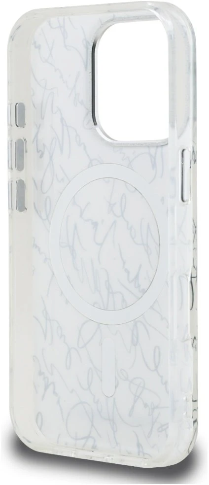 Dėklas Karl Lagerfeld IML Karl Script Pattern MagSafe, skirtas iPhone 16 Pro, baltos spalvos