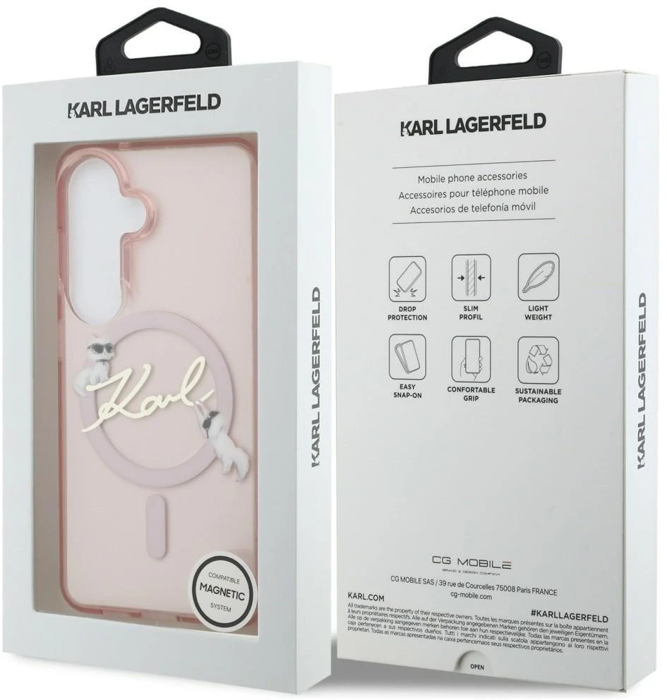 Karl Lagerfeld IML Choupette Karl Script Logo Magnetic dėklas skirtas Samsung Galaxy S26 Rožinė