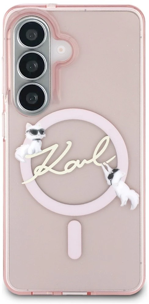 Karl Lagerfeld IML Choupette Karl Script Logo Magnetic dėklas skirtas Samsung Galaxy S26 Rožinė