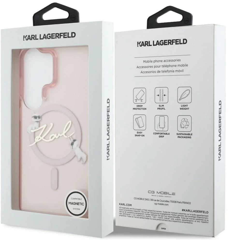 Karl Lagerfeld IML Choupette Karl Script Logo Magnetic dėklas skirtas Samsung Galaxy S26 Ultra Rožinė