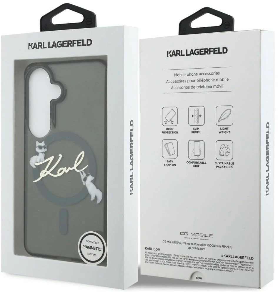 Karl Lagerfeld IML Choupette Karl Script Logo Magnetic dėklas skirtas Samsung Galaxy S26 juodos spalvos