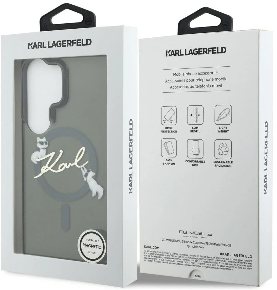 Karl Lagerfeld IML Choupette Karl Script Logo Magnetic dėklas skirtas Samsung Galaxy S26 Ultra juodos spalvos