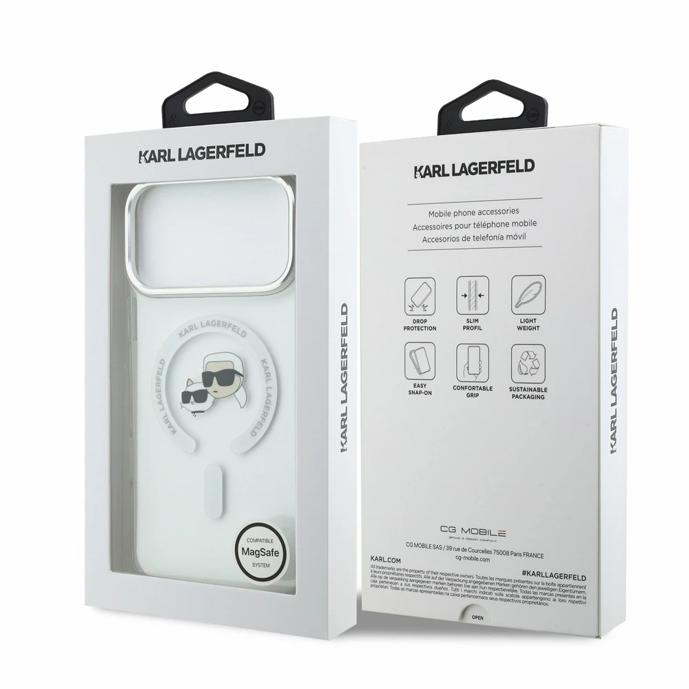 Karl Lagerfeld IML K&CH Heads Metal Frame MagSafe dėklas iPhone 18 Pro Max baltas