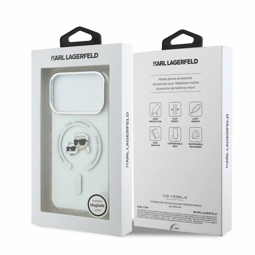 Karl Lagerfeld IML K&CH Heads Metal Frame MagSafe dėklas iPhone 18 Pro baltas