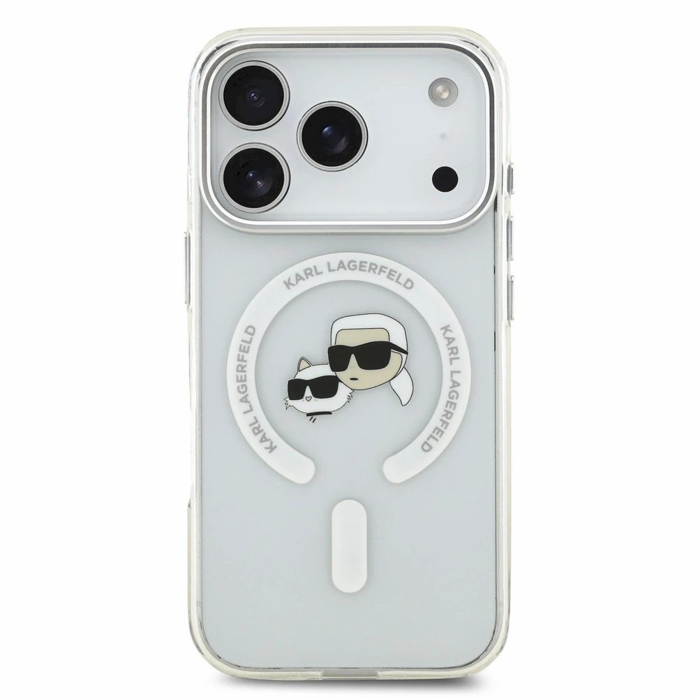 Karl Lagerfeld IML K&CH Heads Metal Frame MagSafe dėklas iPhone 18 Pro baltas