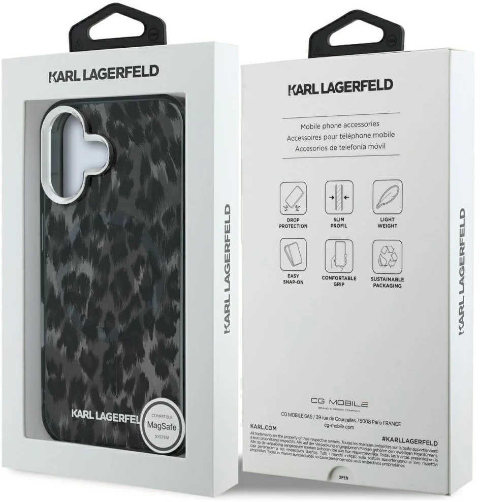 „Karl Lagerfeld IML“ leopardo rašto „MagSafe“ dėklas, skirtas „iPhone 16“ – Juodas