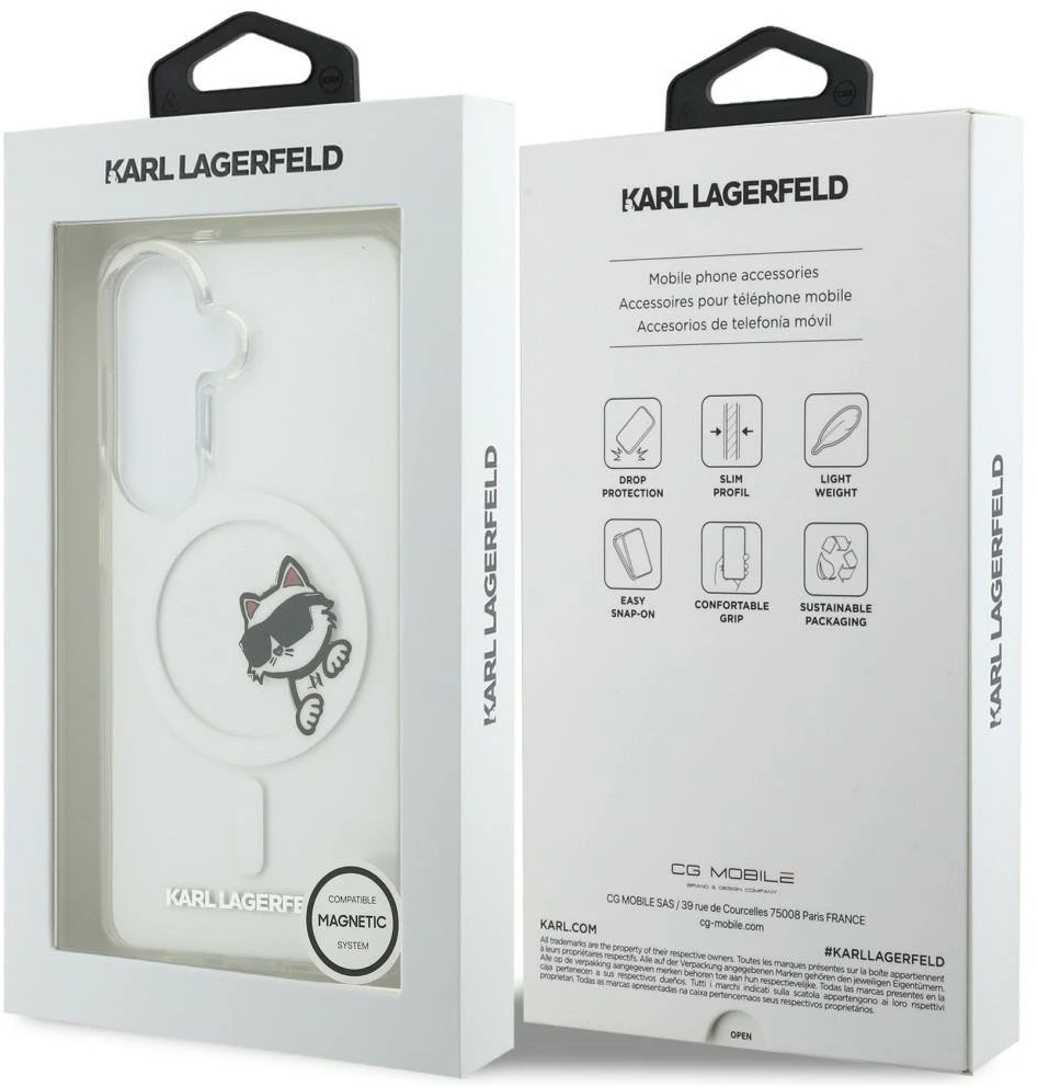 Karl Lagerfeld IML Choupette Peekaboo Logo Magnetic dėklas skirtas Apple iPhone Samsung Galaxy S26 skaidrus