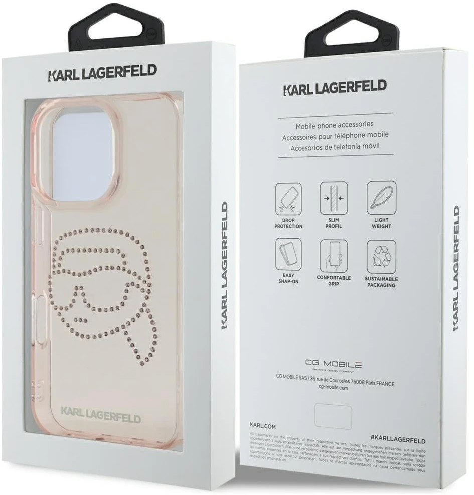 Dėklas Karl Lagerfeld IML Rhinestones Karl Head Apple iPhone 16 Pro rožinės spalvos