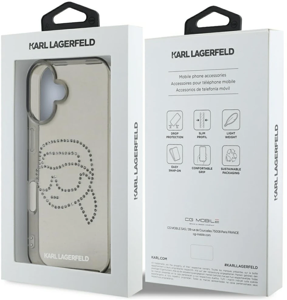 Karl Lagerfeld IML Rhinestones Karl Head dėklas iPhone 16, juodos spalvos