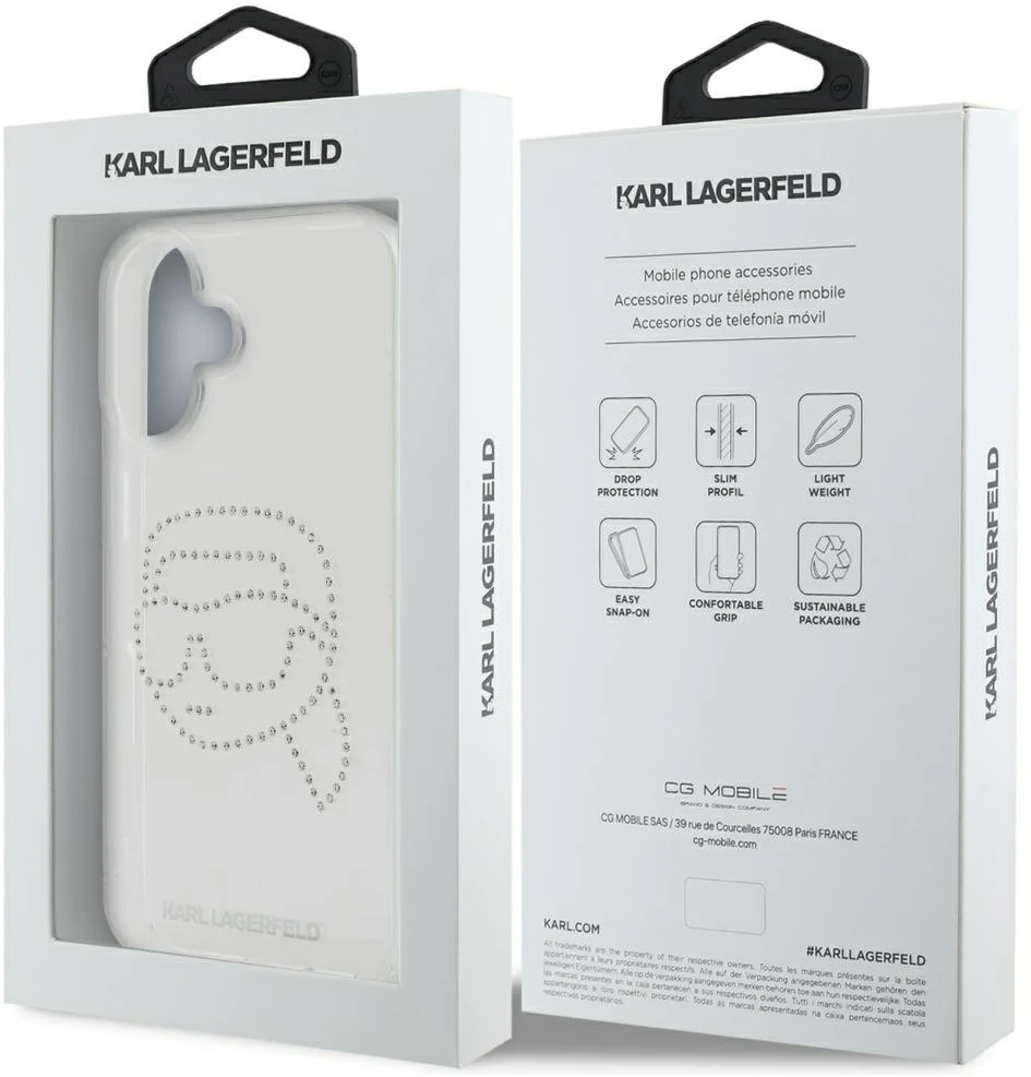 Dėklas Karl Lagerfeld IML Rhinestones Karl Head Apple iPhone 16 skaidrus