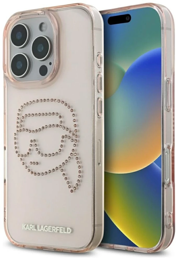 Dėklas Karl Lagerfeld IML Rhinestones Karl Head Apple iPhone 16 Pro rožinės spalvos