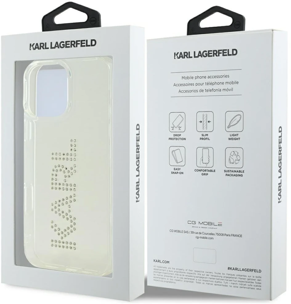 Karl Lagerfeld IML Rhinestones logotipas iPhone 16 Pro dėklas – skaidrus