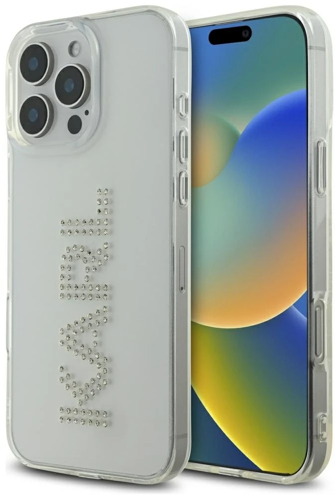 Karl Lagerfeld IML Rhinestones logotipas iPhone 16 Pro dėklas – skaidrus