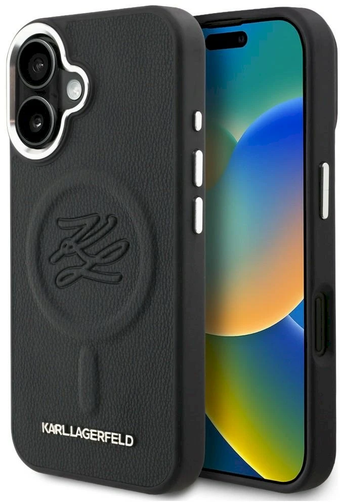 Karl Lagerfeld „MagSafe“ dėklas su inicialais ir metaliniu logotipu, skirtas „iPhone 16“ – Juodas