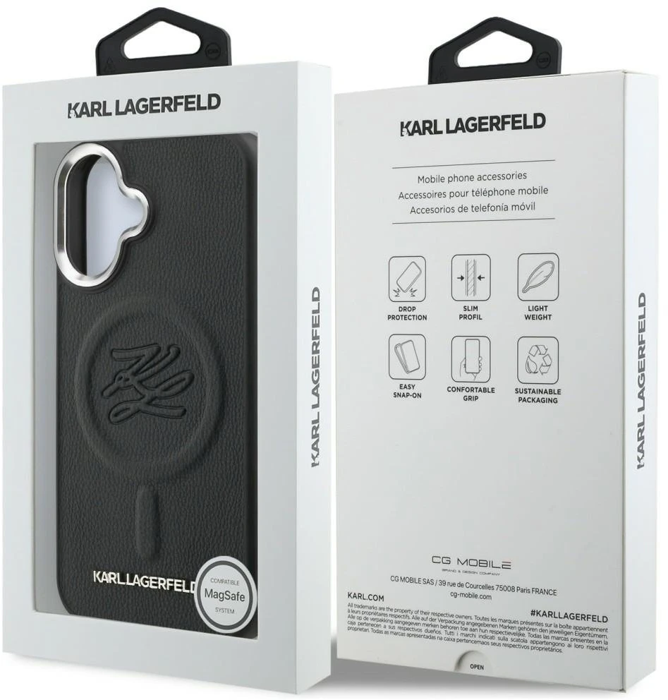 Karl Lagerfeld „MagSafe“ dėklas su inicialais ir metaliniu logotipu, skirtas „iPhone 16“ – Juodas