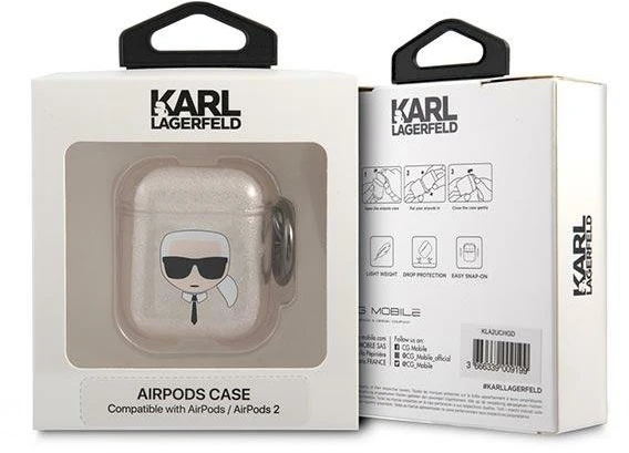 Karl Lagerfeld KLA2UKHGD AirPods dėklas aukso spalvos Glitter Karl`s Head