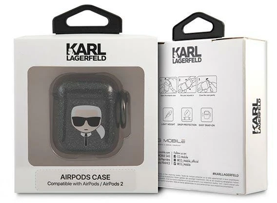 Karl Lagerfeld KLA2UKHGK AirPods dėklas juodos spalvos Glitter Karl`s Head