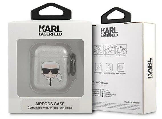 Karl Lagerfeld KLA2UKHGS AirPods dėklas sidabro spalvos Glitter Karl`s Head