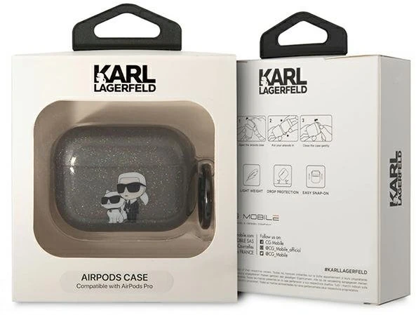 Karl Lagerfeld KLAPHNKCTGK Airpods Pro dėklas, juodos spalvos, Glitter Karl&Choupette