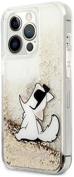 Karl Lagerfeld dėklas, skirtas iPhone 13 Pro Max 6,7 KLHCP13XGCFD auksinis Liquid Glitter Choupette Fun
