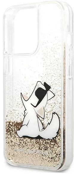 Karl Lagerfeld dėklas, skirtas iPhone 13 Pro Max 6,7 KLHCP13XGCFD auksinis Liquid Glitter Choupette Fun