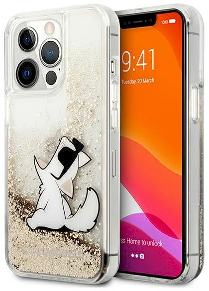 Karl Lagerfeld dėklas, skirtas iPhone 13 Pro Max 6,7 KLHCP13XGCFD auksinis Liquid Glitter Choupette Fun